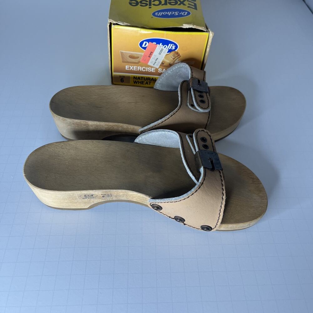 New Vintage Leather Dr. Scholl's Wooden Exercise Sandals Shoes Tan Wheat Sz 6 - Picture 1 of 11